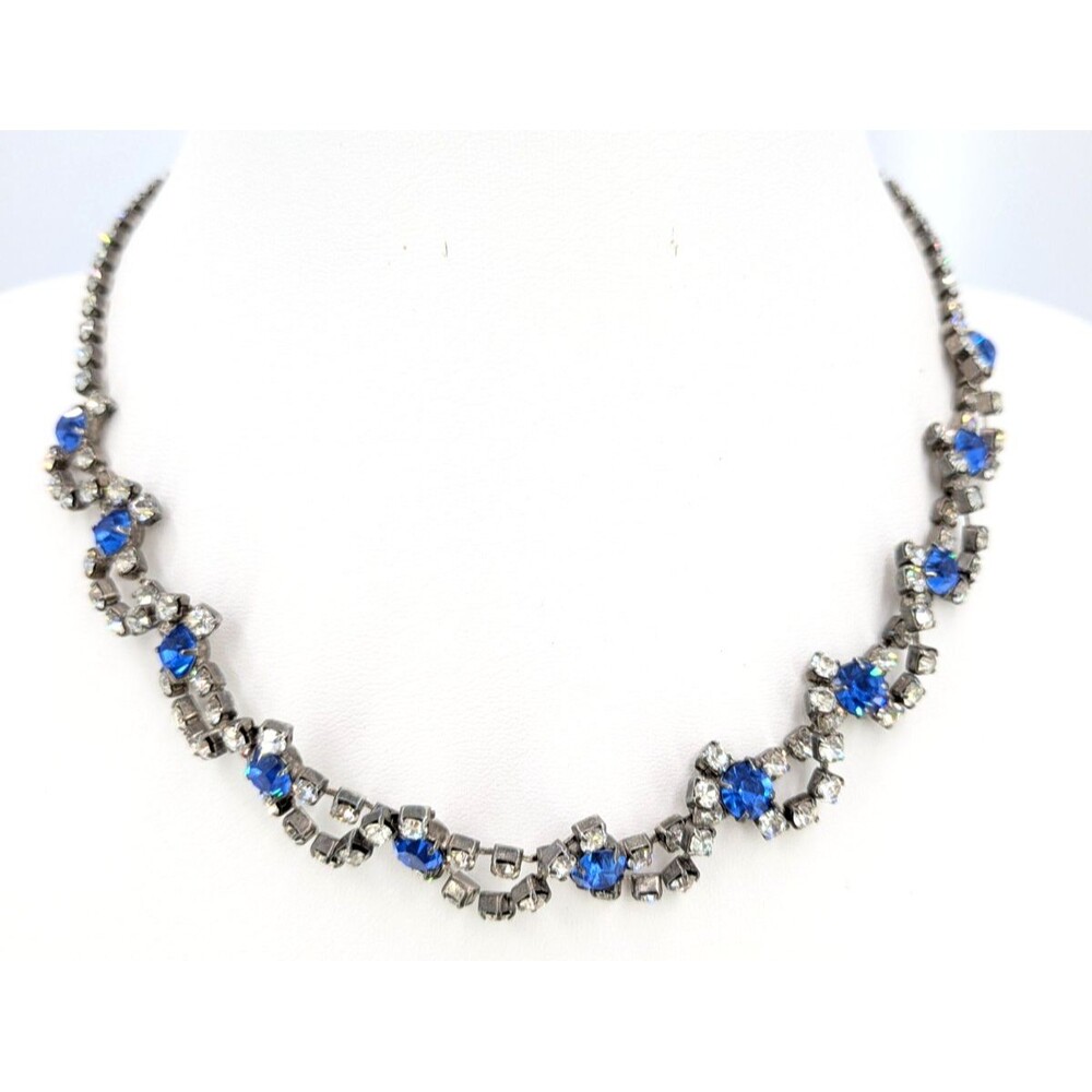 Vintage Necklace Blue Clear Rhinestone Silver Tone Crystal Floral Choker 16 inch